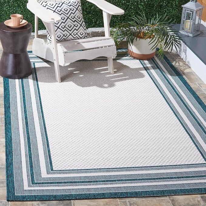 SAFAVIEH Washable Rug Outdoor Courtyard Collection - 5'3" x 7'7", Ivory & Teal, Non-Shedding & Easy Cleaning, Ideal for Patio, Backyard, Mudroom (CY8475-53512)