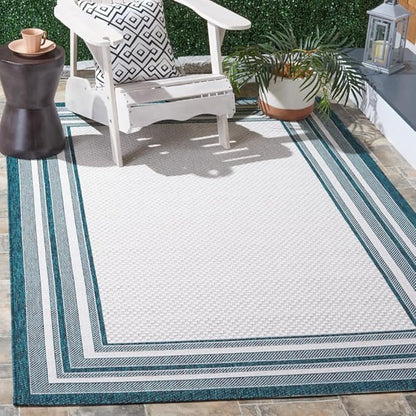 SAFAVIEH Washable Rug Outdoor Courtyard Collection - 5'3" x 7'7", Ivory & Teal, Non-Shedding & Easy Cleaning, Ideal for Patio, Backyard, Mudroom (CY8475-53512)