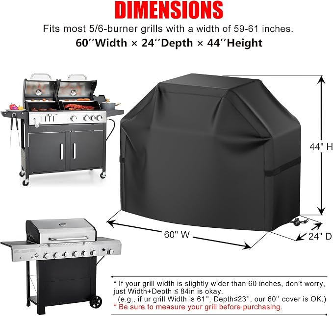 BBQ Grill Cover, Waterproof, Weather Resistant, Rip-Proof, Anti-UV, Fade Resistant, with Hook-and-Loop Straps, Gas Grill Cover for Most Grills, 60 inch, Black
