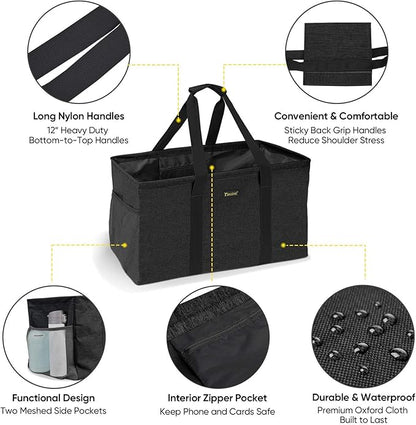 BALEINE Extra Large Utility Tote Bag with Reinforced Wire Frame, Reusable Grocery Bag for Shopping, Picnic (Black, 22''x12''x10'')