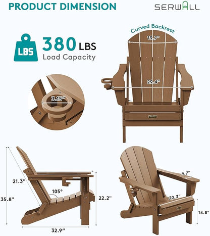SERWALL Folding Adirondack Chair Set of 6, Wooden Textured Lawn Chair with Cup Holder for Patio Garden Weather Resistant Outdoors Fire Pit Chairs- Brown
