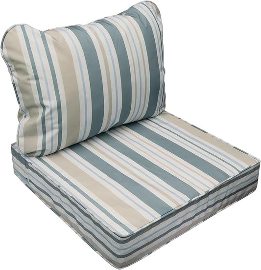 AAAAAcessories Outdoor Seat Cushions for Chairs, Fade-Resistant, Waterproof Patio Furniture Replacement Cushions, 22" x 22" x 3" + 22" x 17", Slate Gray Blue Coastal Stripe