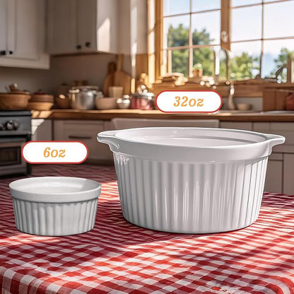 Cinf Porcelain Ramekins 6 oz Pudding Cup Baking Cup Bowls Dishes, Set of 4,Souffle Cups Dishes, Dipping Sauce,Creme Brulee, Custard Cups, Desserts, Oven, Microwave, Freezer and Dishwasher Safe