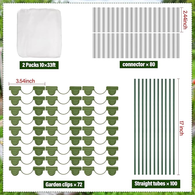Woanger 2 Set Garden Netting Kit for Raised Beds Ultra Fine Mesh Netting with 100 Hoops 72 Clips 80 Connectors for Garden Row Cover Vegetable Flowers Protection Barrier Plant Covers(10 x 33 ft)