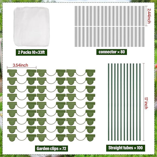 Woanger 2 Set Garden Netting Kit for Raised Beds Ultra Fine Mesh Netting with 100 Hoops 72 Clips 80 Connectors for Garden Row Cover Vegetable Flowers Protection Barrier Plant Covers(10 x 33 ft)