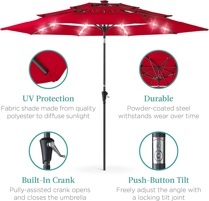 Best Choice Products 10ft 3-Tier Solar Patio Umbrella, Outdoor Market Sun Shade for Backyard, Deck, Poolside w/ 24 LED Lights, Tilt Adjustment, Easy Crank, 8 Ribs - Red