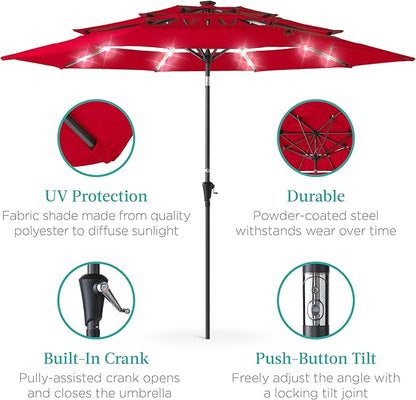Best Choice Products 10ft 3-Tier Solar Patio Umbrella, Outdoor Market Sun Shade for Backyard, Deck, Poolside w/ 24 LED Lights, Tilt Adjustment, Easy Crank, 8 Ribs - Red