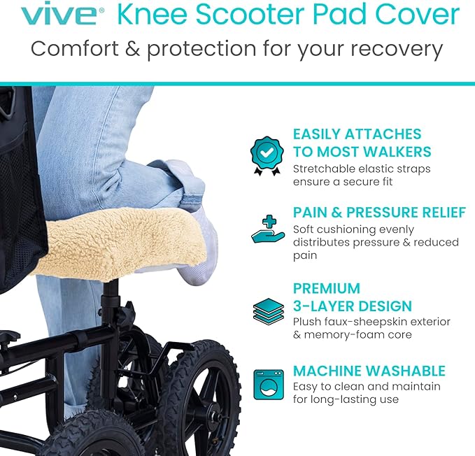 Vive Mobility Knee Walker Pad Cover - Plush Synthetic Faux Sheepskin Scooter Cushion - Accessory for Knee Roller - Leg Cart Improves Comfort During Injury (Off-White)