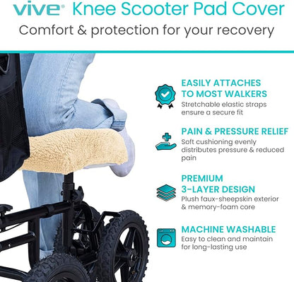 Vive Mobility Knee Walker Pad Cover - Plush Synthetic Faux Sheepskin Scooter Cushion - Accessory for Knee Roller - Leg Cart Improves Comfort During Injury (Off-White)