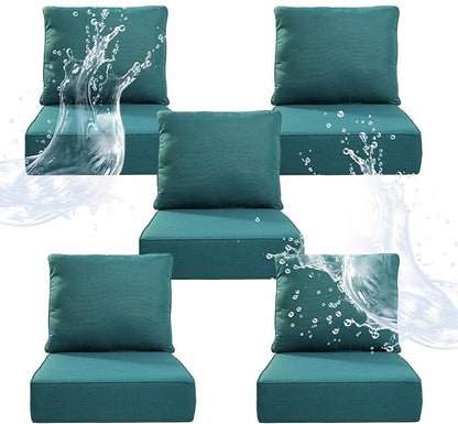 6" Thicker Outdoor Chair Cushion 5 Sets - 24" *24" *6" Waterproof Patio Furniture Cushions with Removable Cover, 28D High Density Sponge Filling Thicken Outdoor Patio Cushions - Peacock Blue