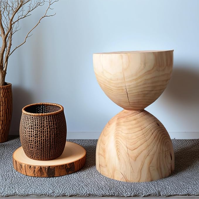 Natural Wooden Pillar Side Table – Round Tree Wood Drum-Shaped Coffee Table, Side Table for Balcony, Courtyard, Garden, Living Room Decoration – Modern Stool Design, Stable Base(Color:Log Color)