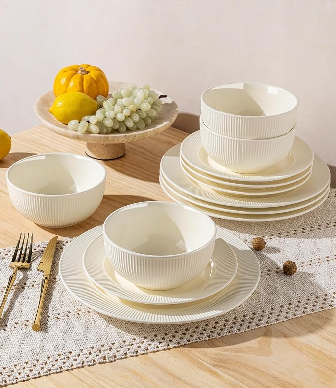 TheTerra Ceramic Dinnerware Sets for 4, 12 Pieces Porcelain Lightweight Plates and Bowls Sets, Scratch Resistant Dish Set, Oven, Microwave & Dishwasher Safe, Ivory