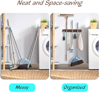 OUTNILI 2 Pack Mop Broom Holder Wall Mount - Wood Broom Mop Hanger - Wall Mounted Garden Tool Rack Organizer for Closet Garage Laundry Room Farmhouse Rustic Kitchen Decor With 4 Slots & 4 Hooks