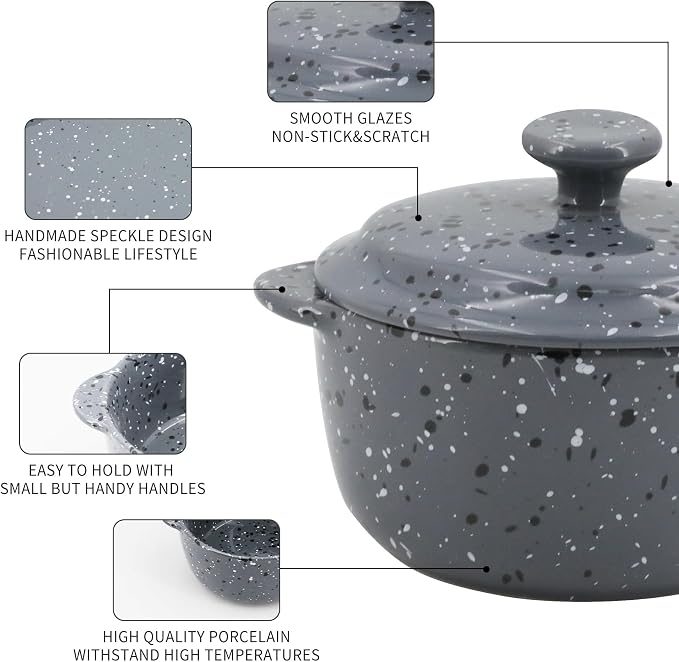 Individual Serving Pot Set of 4-10 Oz Ceramic Mini Cocotte with Handles & Lids - Great for Souffle, Soup, Cobbler, Stoneware Baking Ramekins, Oven Compatible,Gray