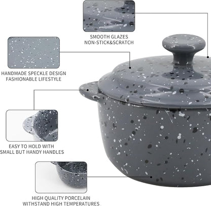 Individual Serving Pot Set of 4-10 Oz Ceramic Mini Cocotte with Handles & Lids - Great for Souffle, Soup, Cobbler, Stoneware Baking Ramekins, Oven Compatible,Gray