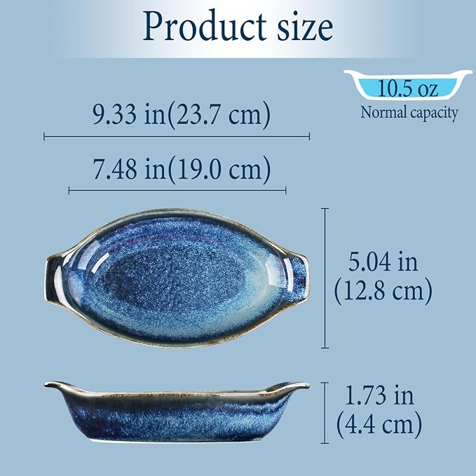 Ceramics Au Gratin baking Dishes Set of 2, Baking Tray Bake ware, 10.5 oz Ramekins, for Pie Pan, Appetizer, Tart, Dessert, Quiche, Oven Small dish, individual dishes Oval 9.3 Inch