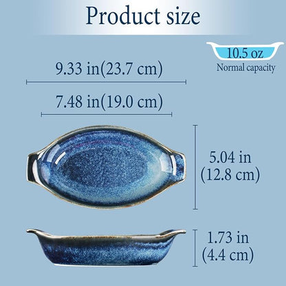 Ceramics Au Gratin baking Dishes Set of 2, Baking Tray Bake ware, 10.5 oz Ramekins, for Pie Pan, Appetizer, Tart, Dessert, Quiche, Oven Small dish, individual dishes Oval 9.3 Inch