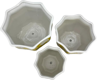 Galt International Yellow & White Round Fluted Floral Porcelain Ceramic Plant Flower Planter Pot Set of 3 (7.5", 10", 13") Garden Pots Chinese Asian Design