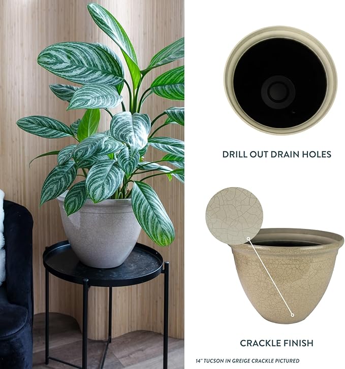 The HC Companies 16 Inch Tucson Round Planter Pots with Ceramic Look, Lightweight UV-Resistant Resin Indoor & Outdoor Planters, 1-Pack Flower Pots for Garden & Home Decor, Greige Crackle