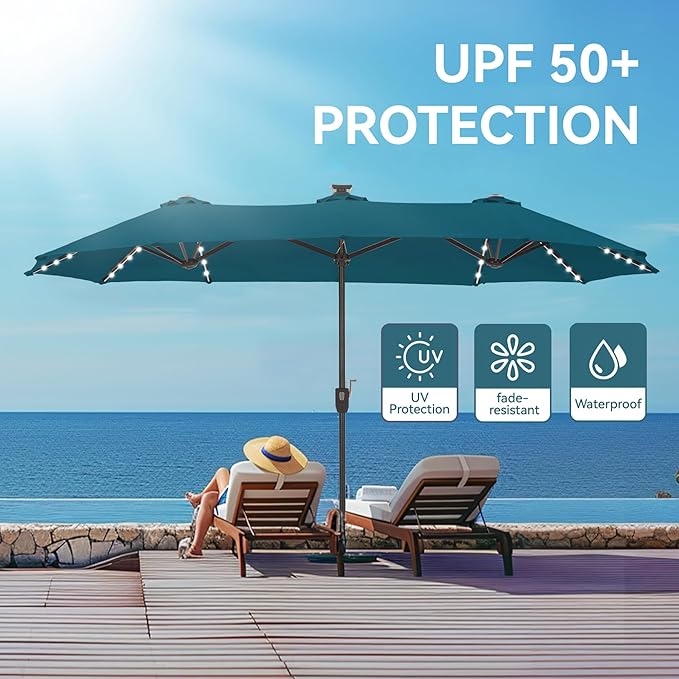 GREEN PARTY 13 ft Rectangle Patio Umbrella with Solar Lights, Double-Sided Market Table Umbrella with Crank, Large Outdoor Umbrellas for Patio Poolside Garden Backyard, Cerulean
