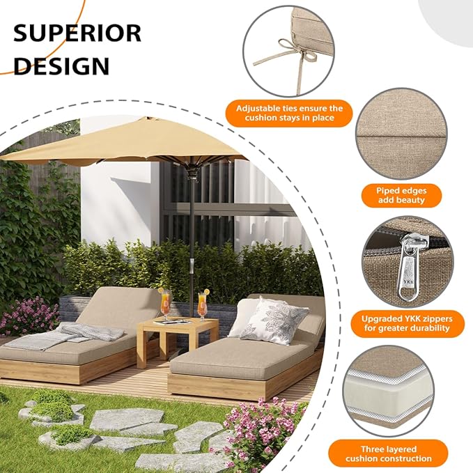 Sundale Outdoor Olefin Chaise Lounge Cushion Set of 2, Water-Resistant Patio Lounge Chair Cushion, Thick Lounger Pad with 4 Straps Khaki, 80 x 26 x 4 Inches