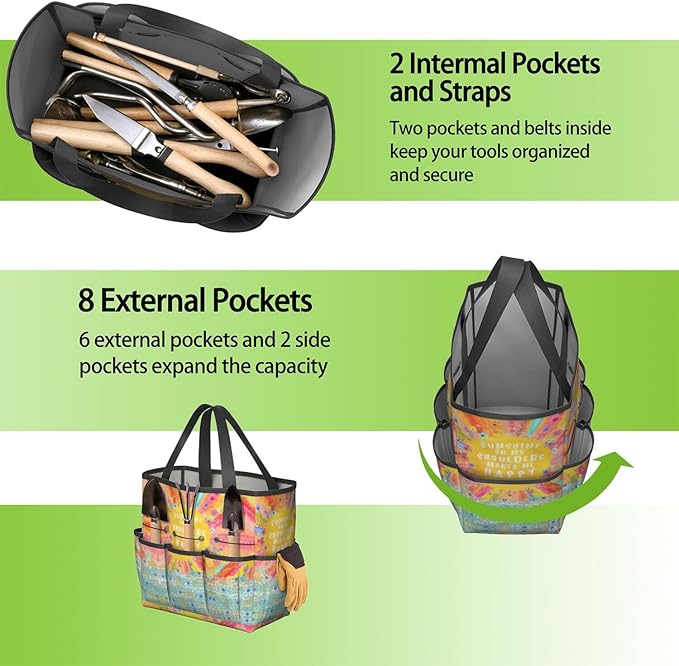 Boho Garden Tool Bag - Waterproof Floral Garden Tote with 8 Pockets, Large Storage Home Organizer Gardening Tool Oxford Bag for Garden Tools Kits Holder, Ideal Outdoor Gardening Gift for Women & Men