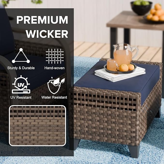 COOS BAY Modern Wicker Outdoor Furniture Set, Patio Conversation Set with 2 Seat Loveseat, and Ottomans, 3 Piece, Brown/Blue