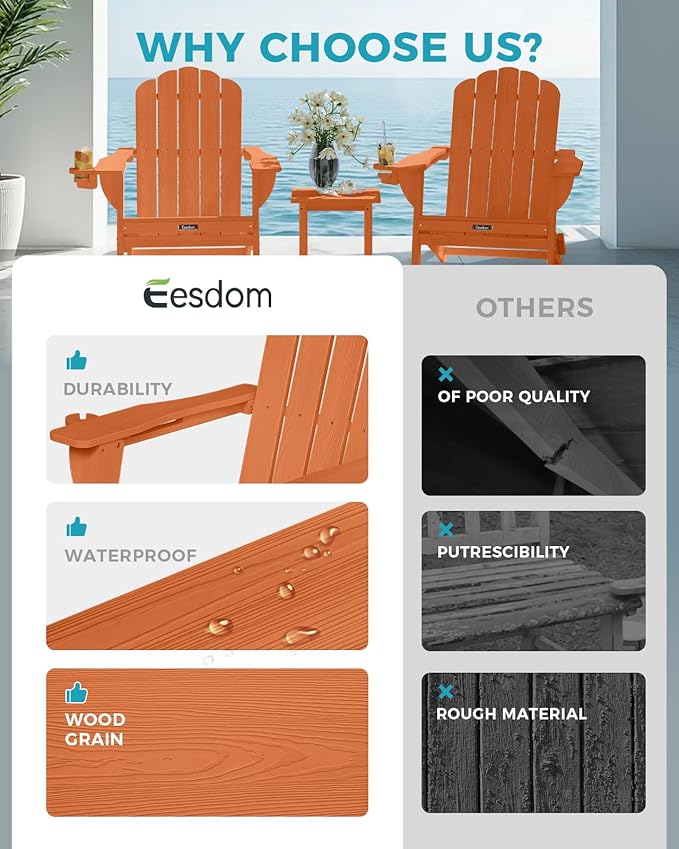 Adirondack Chair, HDPE Material Fire Pit Chairs, Plastic Adirondack Chairs with 2 Cup Holder, Outdoor Lawn Chair for Patio Garden, Orange
