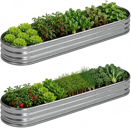 Foxlang 8x2x1ft(2 Pack) Galvanized Oval Raised Garden Bed,Outdoor Planter Box Metal Patio Kit Planting Bed for Vegetables Flowers Herb,Silver