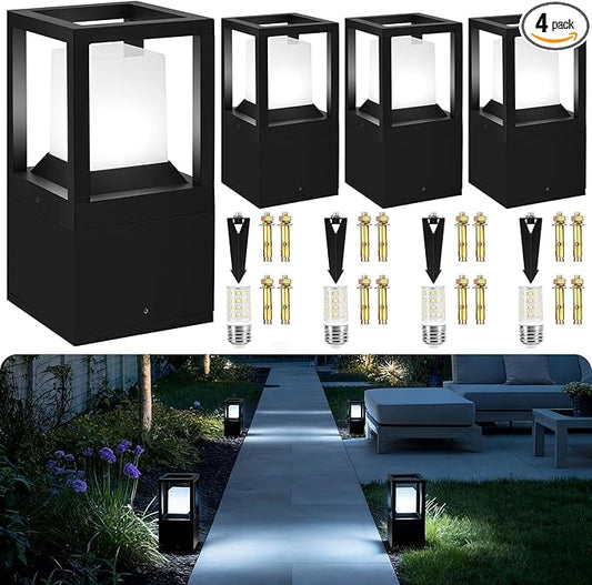 Gardencoin Landscape Bollard Light Outdoor, 12V Low Voltage LED Pathway Lighting, Modern Driveway Lanterns Wired, Aluminum Waterproof Floor Pillar Lighting, Included Bright 5000K Bulb Dimmable, 4 Pack