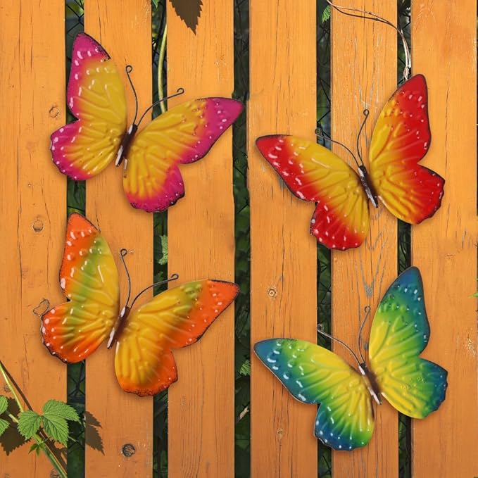 dreamskip Metal Butterfly Wall Decor Art, 4 Pack Colorful Metal Butterflies Outdoor Wall Art, Hand Painted Outdoor Wall Decor For Garden, Yard, Fence, Patio, Living Room, Bedroom Decoration