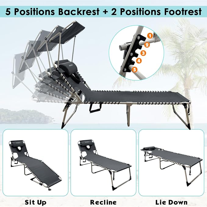 Outdoor Tanning Chair with Sun Canopy Shade & Face Hole, Folding Lounge Chair with Beach Table and Carry Bag for Poolside Sunbathing Lawn
