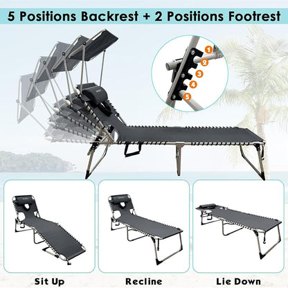 Outdoor Tanning Chair with Sun Canopy Shade & Face Hole, Folding Lounge Chair with Beach Table and Carry Bag for Poolside Sunbathing Lawn
