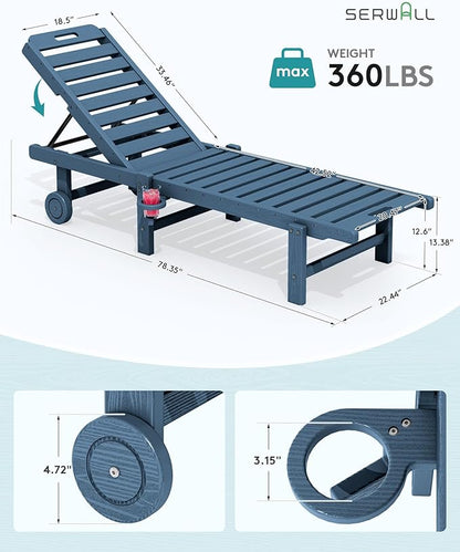 SERWALL Patio Chaise Lounge Set of 2, Outdoor Lounger with Cup Holder and Rolling Wheels, HDPE Pool Chaise for Poolside, Deck, Sunbathing, Blue