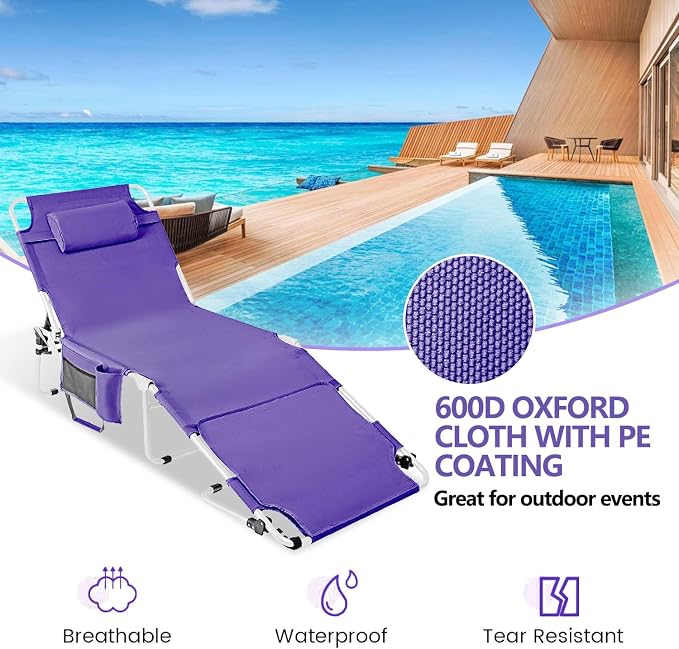 Tanning Chair with Face Hole, Adjustable Folding Chaise Lounge Chairs for Outside with Detachable Pillow & Pocket，Portable flat beach chairs for sunbathing, beach lawns camping (Purple, Oversized)
