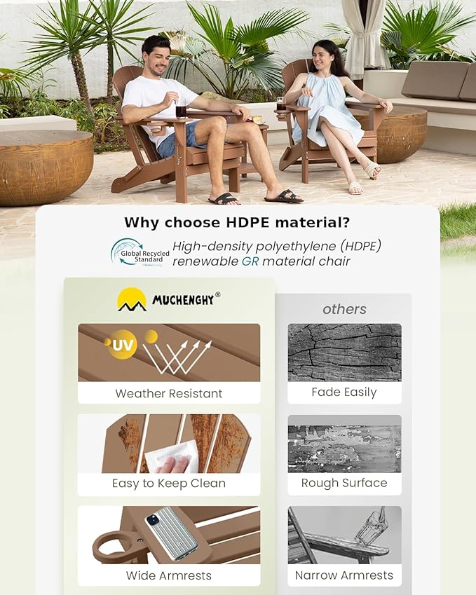 MUCHENGHY Folding Adirondack Chairs, Patio Chairs, Lawn Chairs, Outdoor Chair, Adirondack Chair Plastic, Fire Pit Chairs, Weather Resistant with Cup Holder for Deck, Backyard, Garden(Teak)