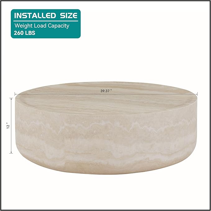 kevinplus ø39.3'' Round Coffee Table for Living Room, Modern Drum Circle Coffee Table Side Table End Table, Fiberglass Material, No Assembly (Mars Texture, ø39.3'' x 11.8'')