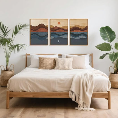 CHDITB Mid Century Modern Framed Canvas Wall Art, Boho Mountain Sun Moon Wall Decor, Abstract Nature Ocean Landscape Artwork, Minimalist Geometric Wave Posters for Living Room Bedroom Office 16"x24"x3