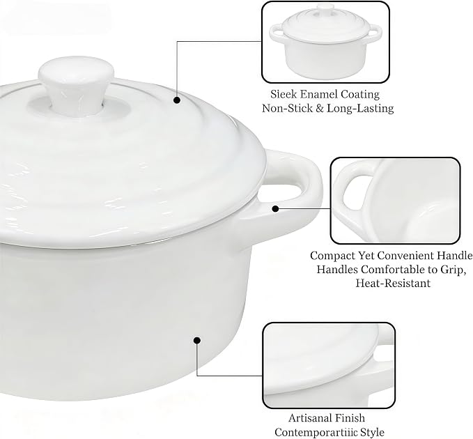 Mini Dutch Oven Set of 4, 14 oz Ceramic Mini Dutch Ovens with Lids and Handles, Ramekins with Lids for French Onion Soup, Pot Pies, Soufflés and Baked Desserts, Oven Safe, Microwave and Dishwasher Safe, Mini Cocotte