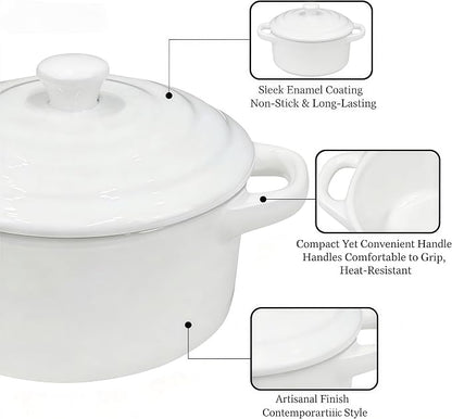 Mini Dutch Oven Set of 4, 14 oz Ceramic Mini Dutch Ovens with Lids and Handles, Ramekins with Lids for French Onion Soup, Pot Pies, Soufflés and Baked Desserts, Oven Safe, Microwave and Dishwasher Safe, Mini Cocotte