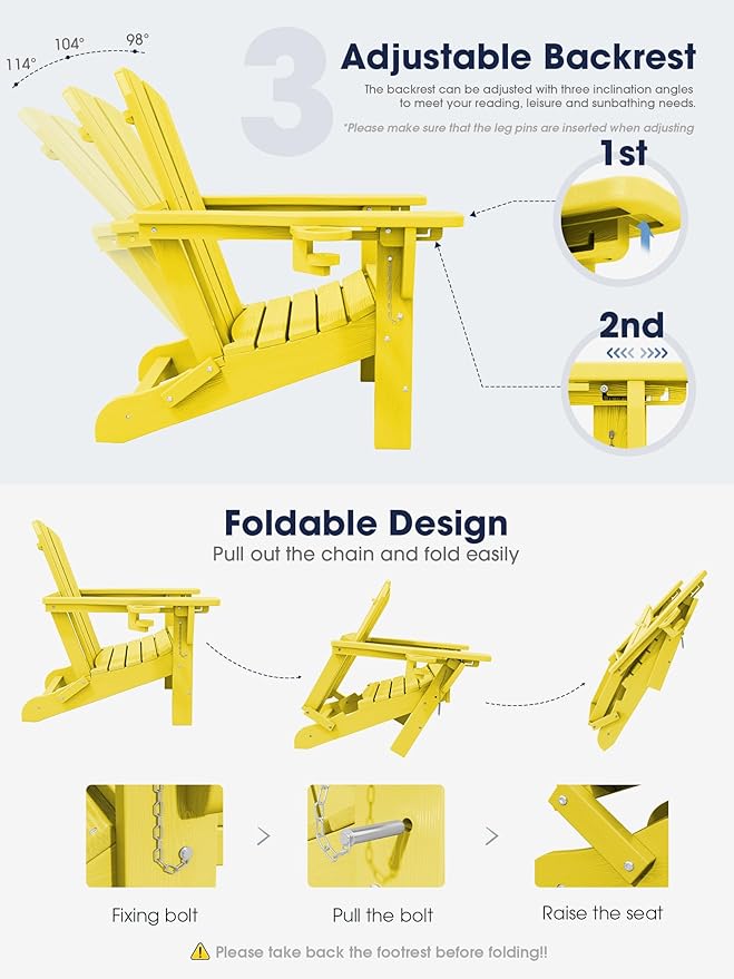 KINGYES Folding Adjustable Adirondack Chair with Ottoman & 2 Cup Holders Set of 4, HDEP Multifunctional Adirondack Chair with Footrest, Yellow
