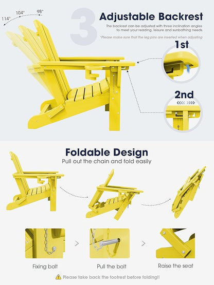 KINGYES Folding Adjustable Adirondack Chair with Ottoman & 2 Cup Holders Set of 4, HDEP Multifunctional Adirondack Chair with Footrest, Yellow