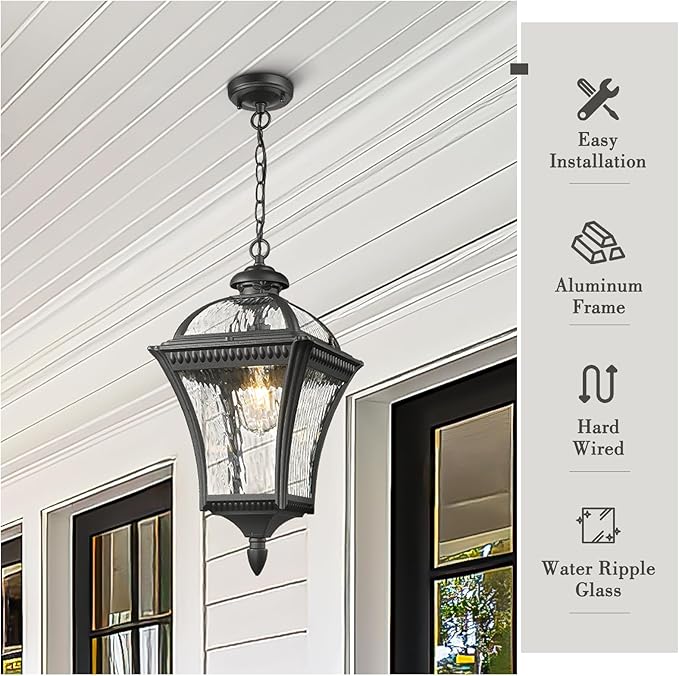 Emliviar 20.7" Outdoor Pendant Light, Matte Black Hanging Porch Chandelier with Water Ripple Glass, Modern Ceiling Pendant Lighting for Patio, Entryway, XE266H-SW BK
