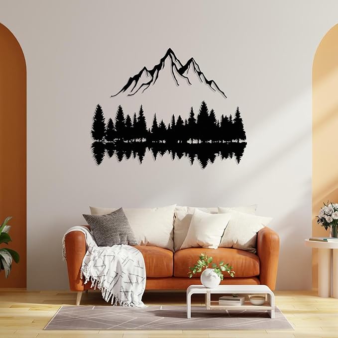Mountain and Forest Lake Reflection Metal Wall Art, Nature-Inspired Silhouette Decor for Living Room, Bedroom or Office, Large Outdoor Wall Decor, Nature Christmas Décor (Black, 18x14 inches)