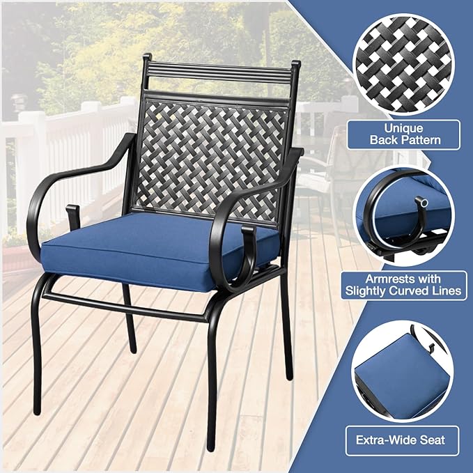 MELLCOM Patio Dining Chairs Set of 2, Heavy Duty Outdoor Dining Chairs with Armrests and Cushions, Iron Metal Patio Chairs for Outside, Garden Lawn & Porch, Backyard, Blue