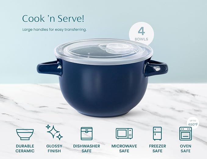 KooK French Onion Soup Bowls, Crocks, Oven Safe Bowls, Soup Mugs, Ceramic Bowls, Dishwasher, Microwave, Set of 4, 18 oz (Blue)