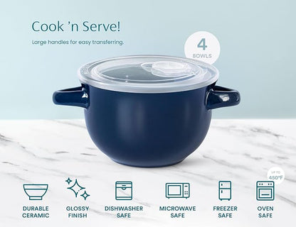 KooK French Onion Soup Bowls, Crocks, Oven Safe Bowls, Soup Mugs, Ceramic Bowls, Dishwasher, Microwave, Set of 4, 18 oz (Blue)