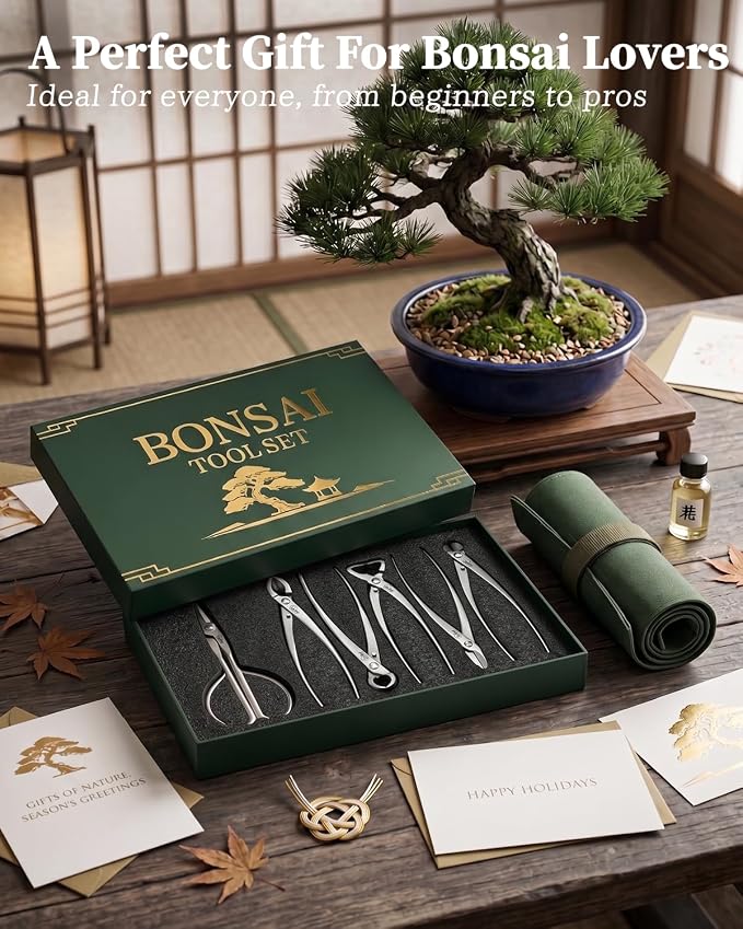 6-Piece Bonsai Tools Set with Tool Roll Bag Organizer, Heavy Duty Bonsai Tree Kit, Include Concave Cutter, Knob Cutter, Trunk Splitter, Bonsai Scissors, Wire Cutter, Jin Pliers