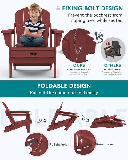 SERWALL Folding Adirondack Chair Set of 6 Weather Resistant for Patio - Red