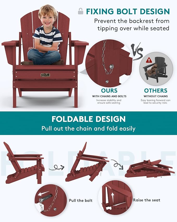 SERWALL Folding Adirondack Chair Set of 8 Weather Resistant for Patio -Red